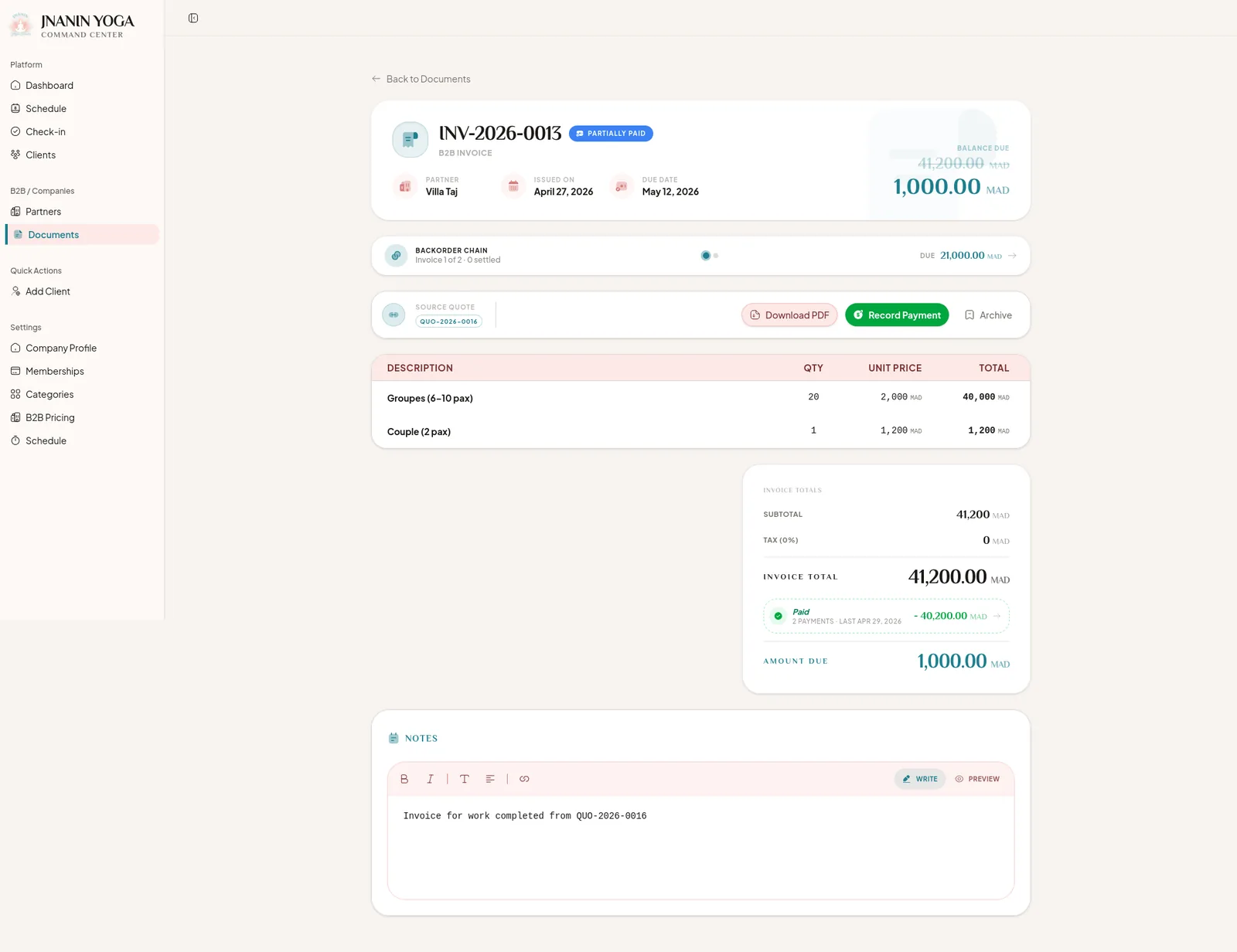 Jnanin Yoga Command Center: an invoice