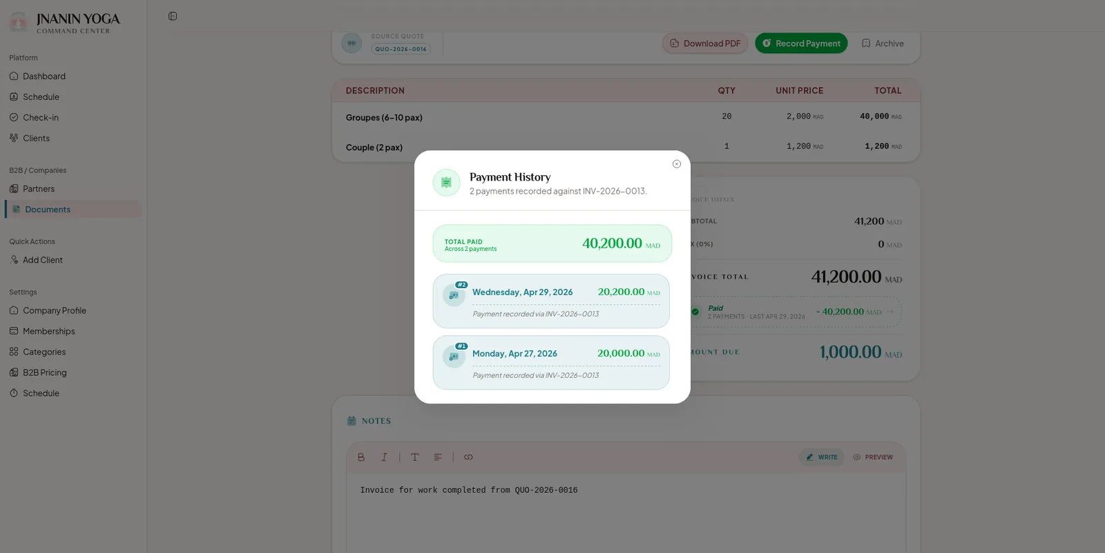 Jnanin Yoga Command Center: payment history